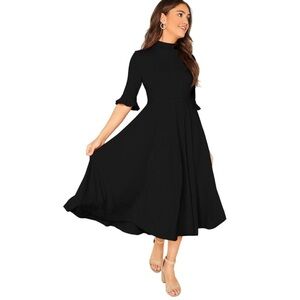 Women’s Black Midi Dress | Mock Neck | Flowy A-Line | Half Sleeve Sz Small